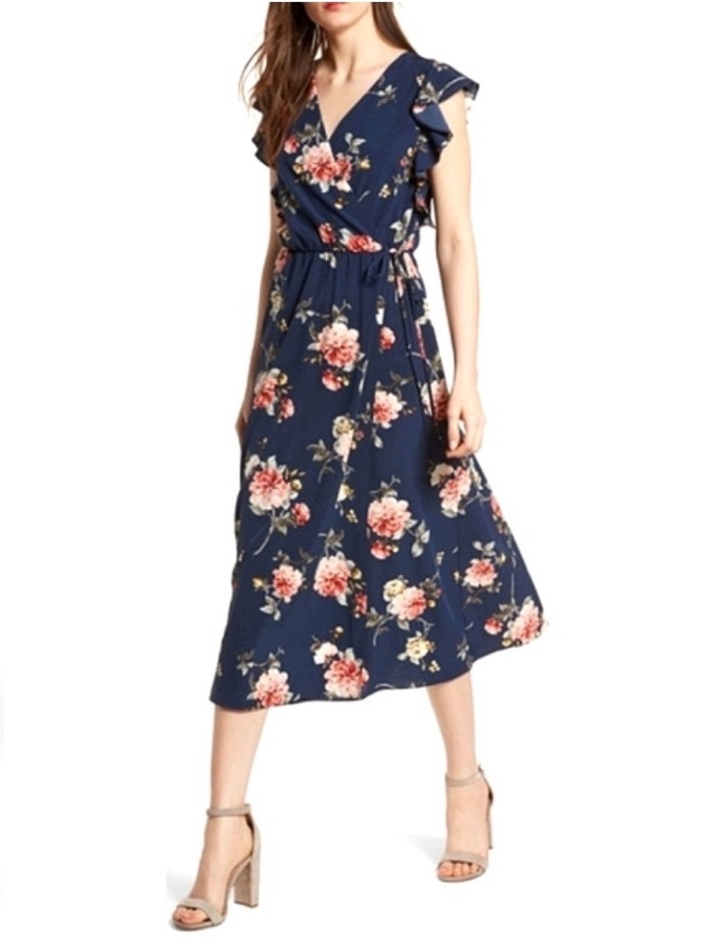 Soprano Navy Floral Midi Dress Size XS